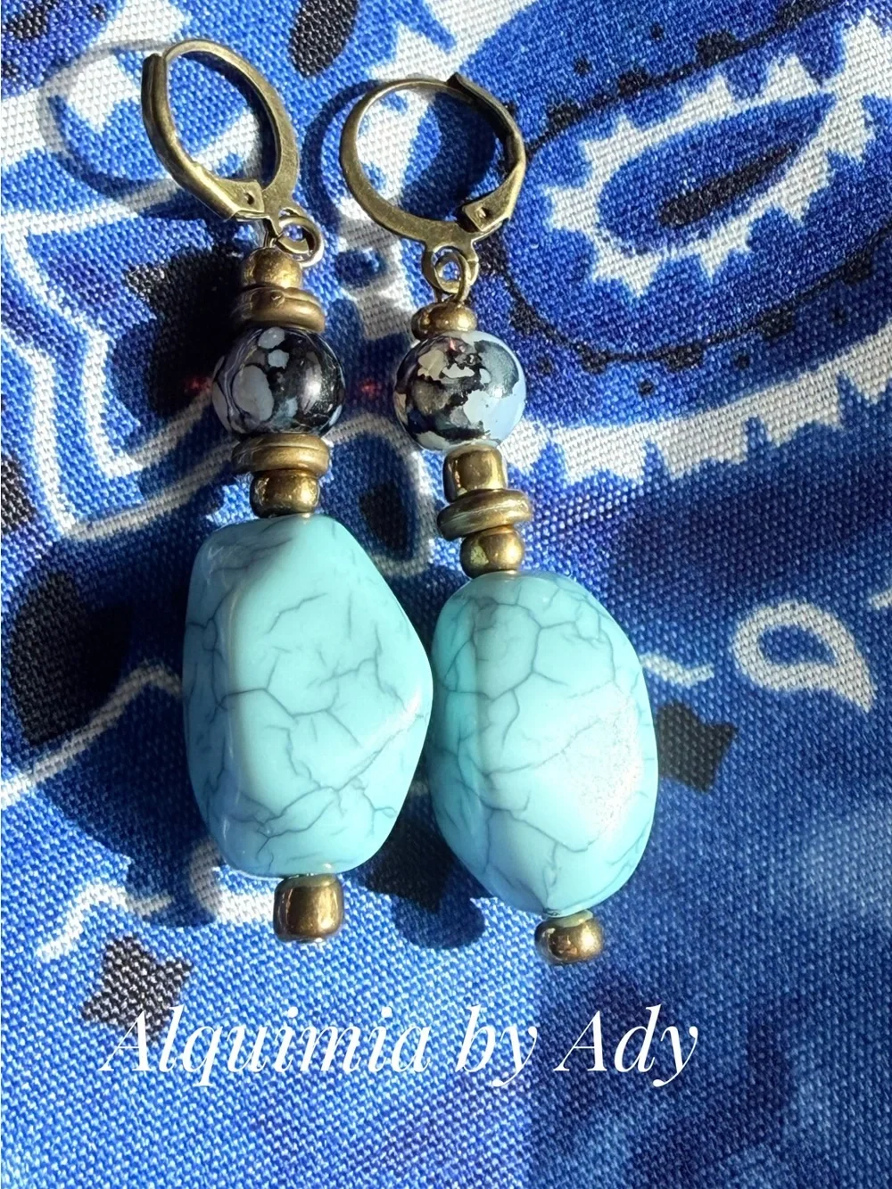 Turquoise-Blue big acrylic Drop Earrings with Brass and black agate Accents